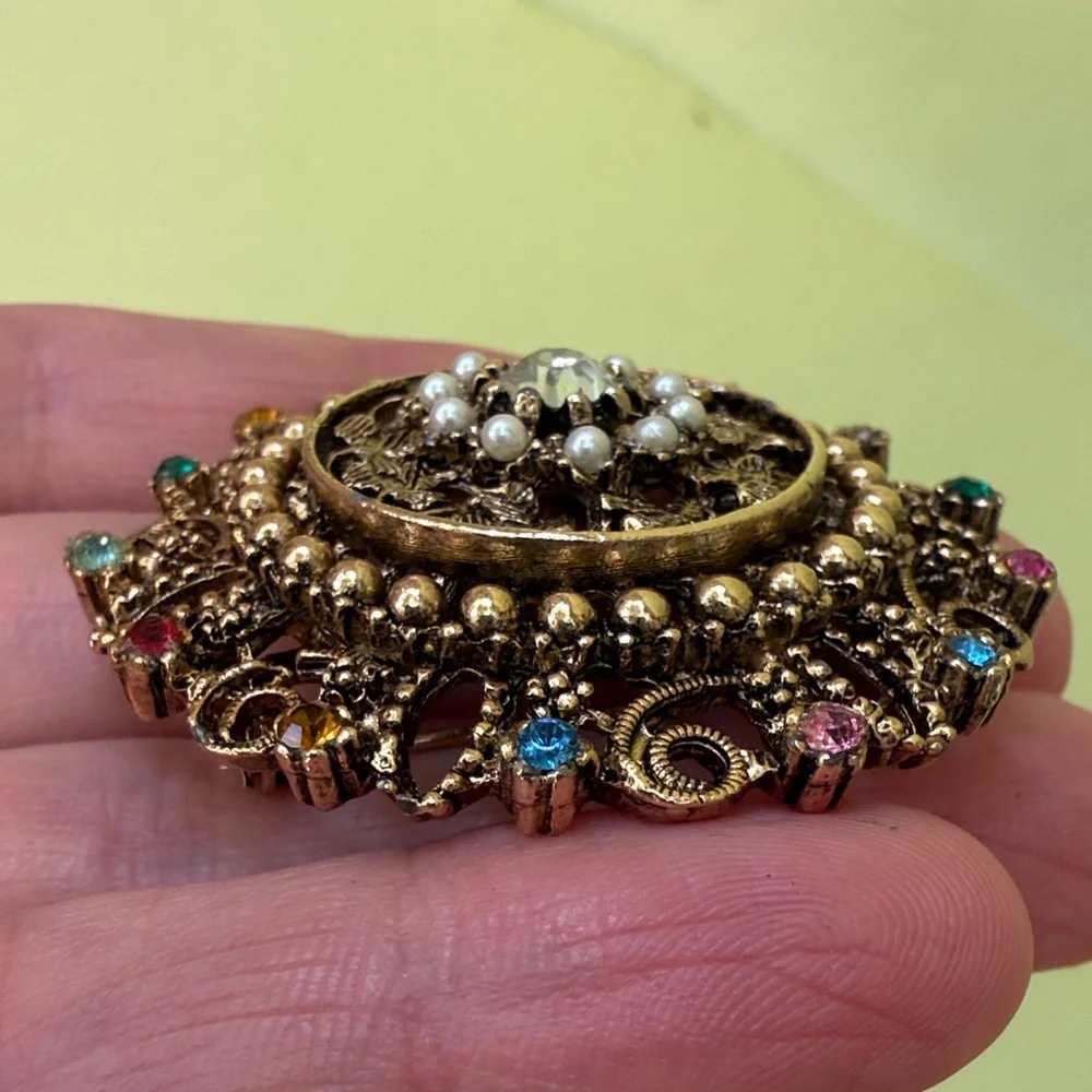 Vintage and Unique Large Gold Brooch with Multicolor Gems